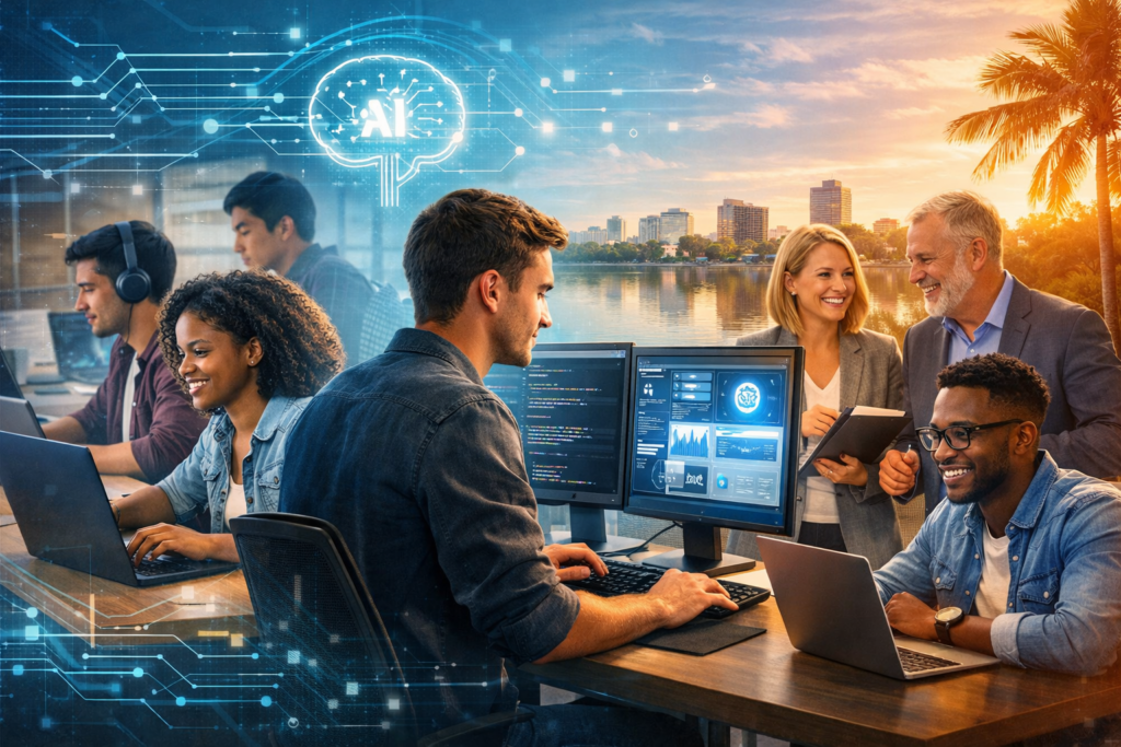 Students and business leaders in Winter Haven using AI tools in a modern tech workspace, representing workforce development and education in technology