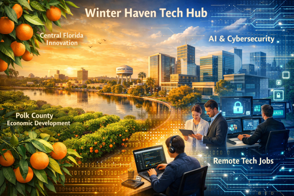 Winter Haven Florida citrus groves transforming into modern tech hub skyline with cybersecurity, AI, and remote work professionals in Central Florida